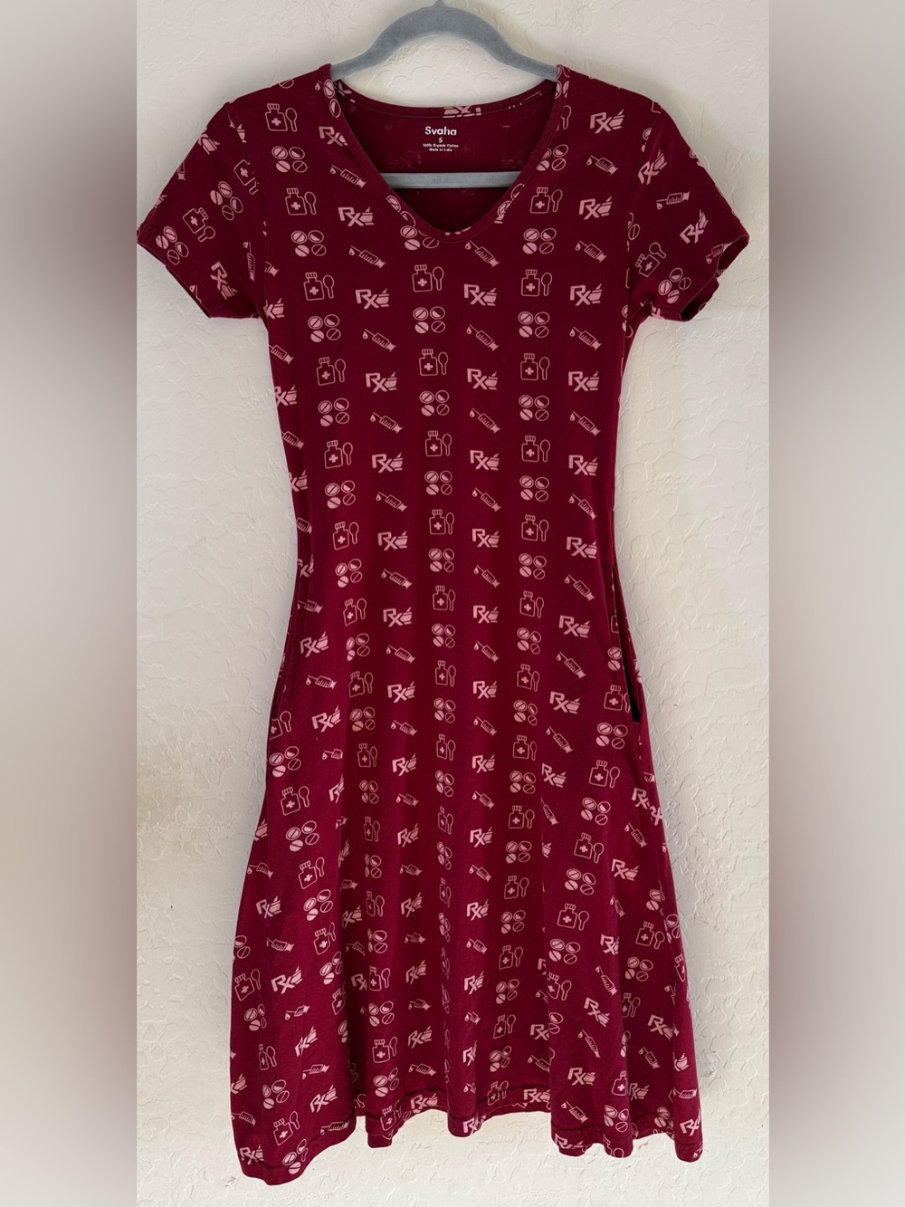 Svaha, small, burgundy short-sleeve organic cotton V-neck medical themed dress